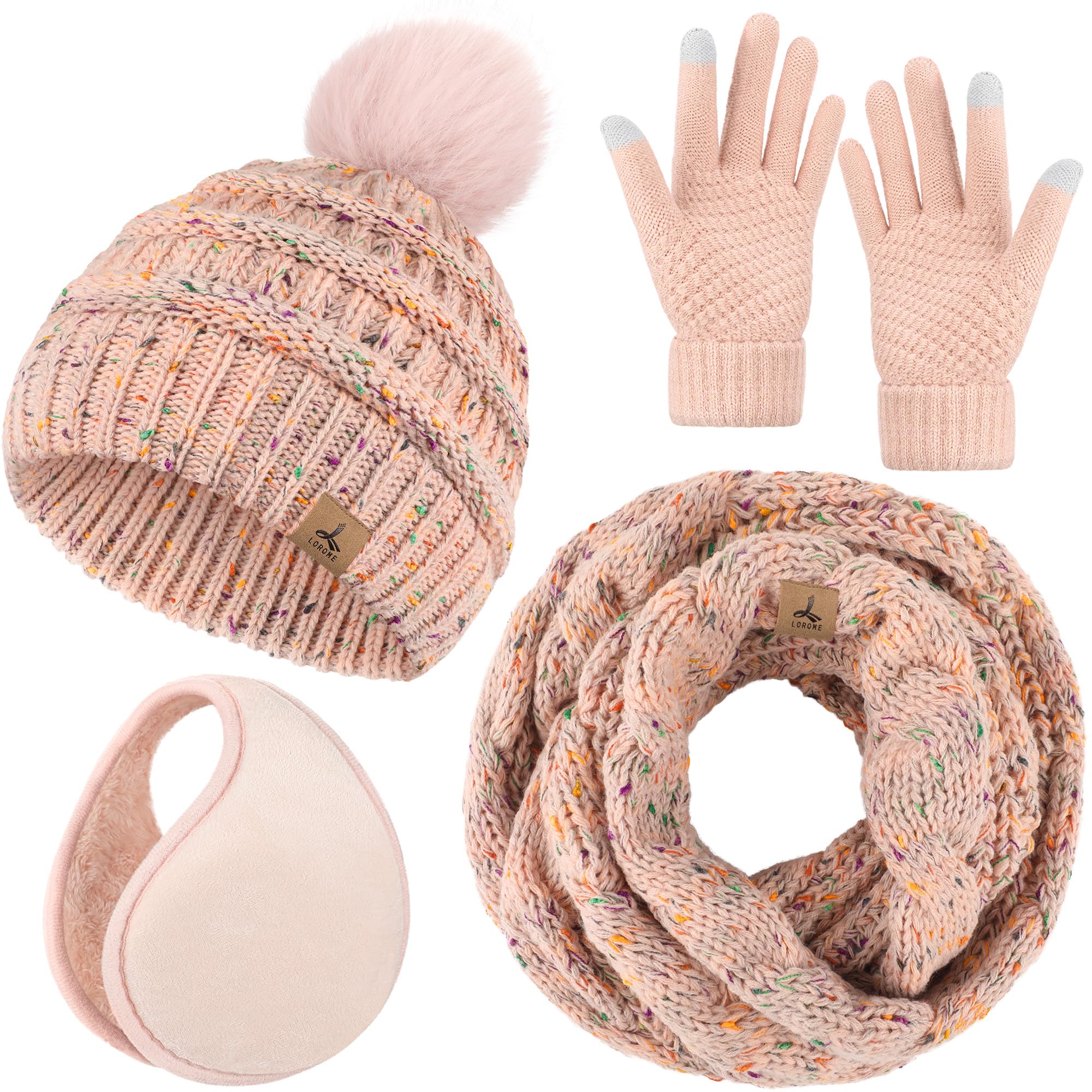Winter Hat Scarf Gloves and Ear Warmer, Warm Knit Beanie Hat Touch Screen Gloves Set Winter Gifts Neck Scarves for Women